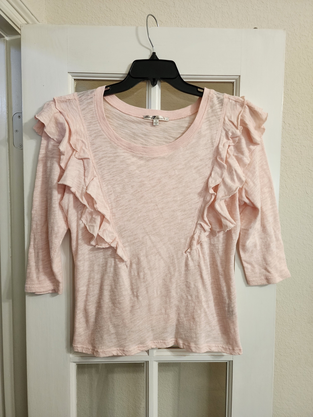 Seven7 Pink Ruffle Front Top Medium Long Sleeve Slub Knit FLAW READ DESC